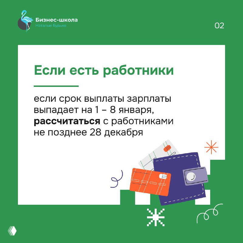 Зелёная карточка с советом рассчитать выплаты, если зарплата выпадает на 1–8 января; иллюстрация портмоне и документов на карточке.