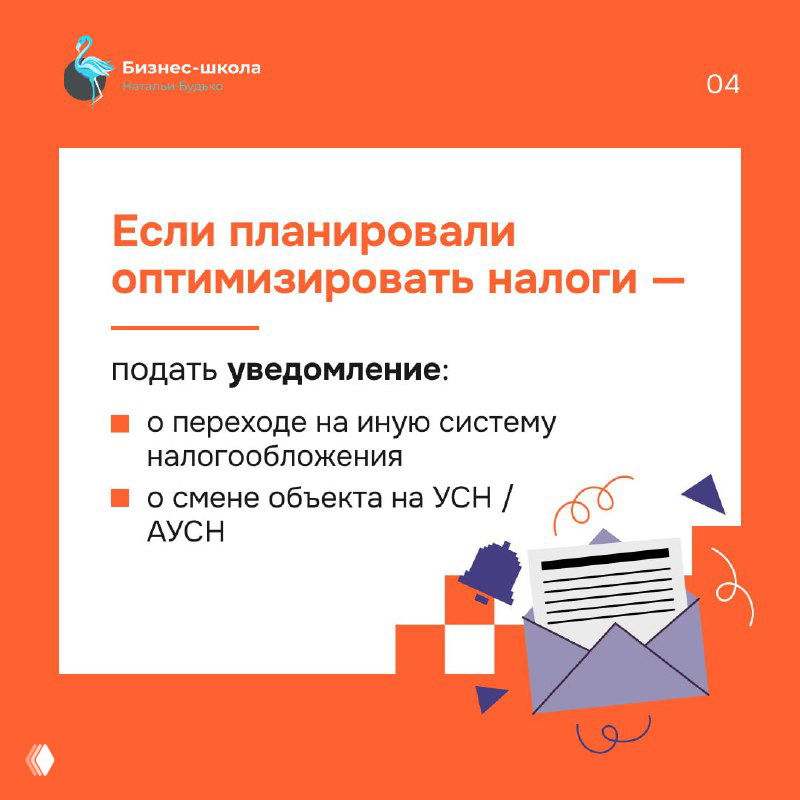 Оранжевая карточка о необходимости подать уведомление при переходе на другую систему налогообложения, с изображением письма и конверта.