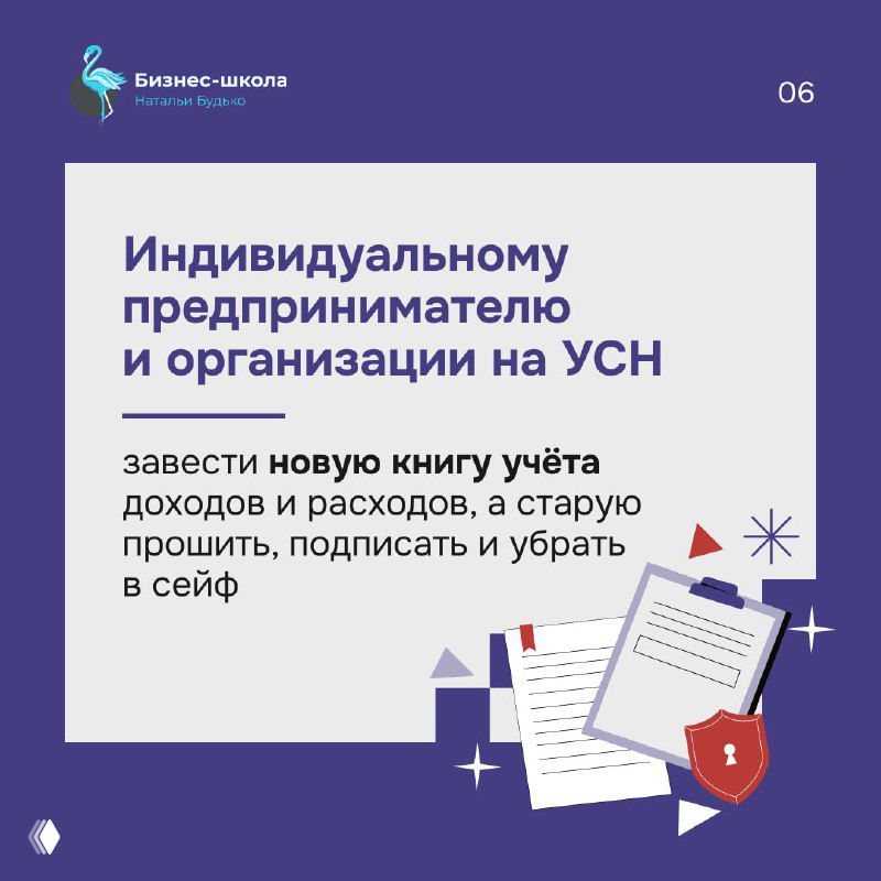Фиолетовая карточка с текстом для индивидуальных предпринимателей и организаций на УСН: новая книга учета доходов и расходов, прошивка и сейф.
