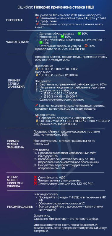Инфографика: карточка о неверном применении ставки НДС, с указанием кодов, примерами ошибок и краткими пояснениями для бухгалтера.