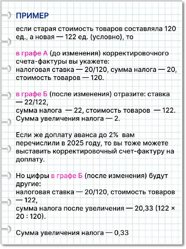 Скриншот с таблицами корректировок: показаны расчёты ставки 20/120, пример корректировочного счета-фактуры и сумма увеличения налога при доплате.