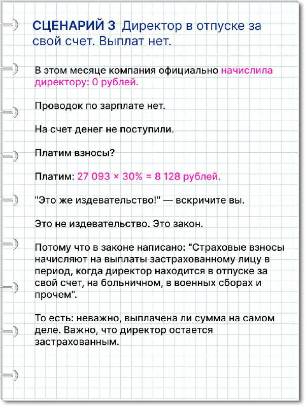 Фотография карточки сценария 3: директор в отпуске за свой счёт, объяснение, почему взносы начисляются несмотря на отсутствие выплат.