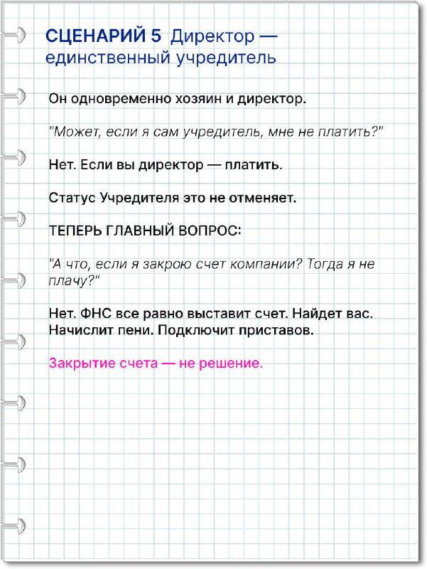 Фотография карточки сценария 5: директор — единственный учредитель, пояснения по выплатам, выставлению счёта и рискам.