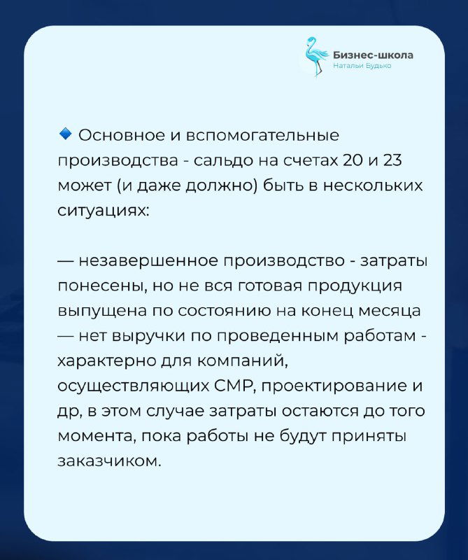 Слайд о основном и вспомогательном производстве: незавершенное производство, отражение затрат и характерные ситуации при закрытии месяца