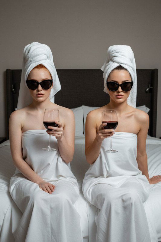Симметричная композиция: две девушки в тюрбанах и тёмных очках сидят на кровати, белое постельное бельё и тёмное изголовье, акцент на аксессуарах и бокалах.