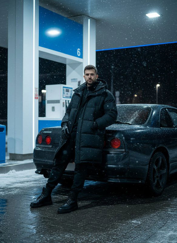 Мужчина в оверсайз пуховике стоит у задней части купе на ночной заснеженной заправке с контровым холодным освещением и бликами на кузове.