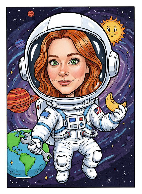 Яркая карикатура женщины-астронавта в скафандре на фоне космического пейзажа с планетами, улыбающимся солнцем и декоративными элементами.