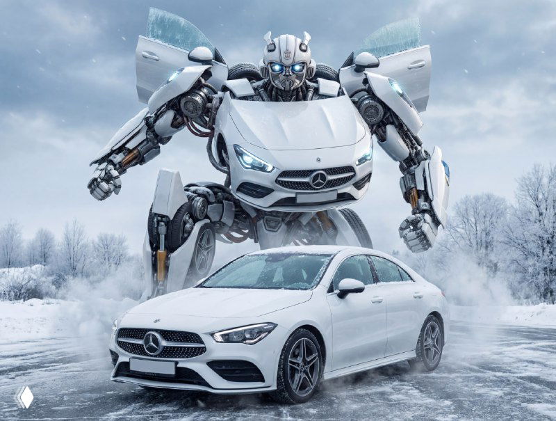 Белый автомобиль на ледяной дороге и реалистичный робот, составленный из деталей машины, на фоне заснеженного пейзажа и пасмурного неба.