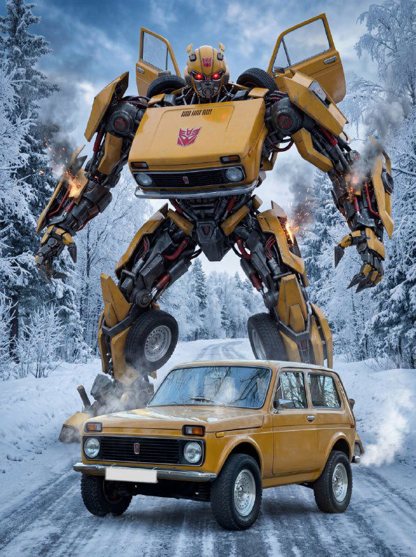 Старый жёлтый внедорожник в снегу и массивный робот позади него в лесной зимней сцене — ретро‑авто и трансформер с бронёй из деталей машины.