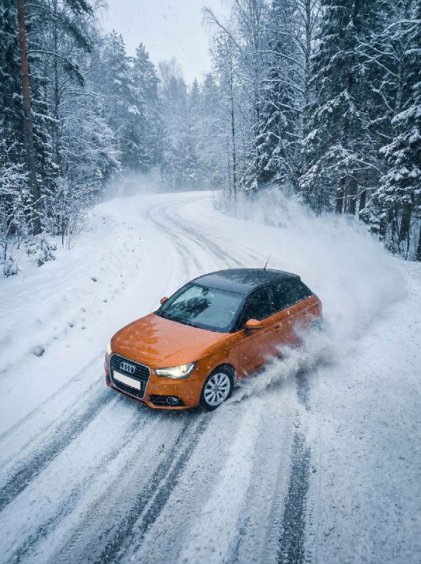Боковой план оранжевой машины, дрифт на заснеженной дороге между высокими ёлками, чёткие следы шин, морозная дымка и летящие снежные брызги.