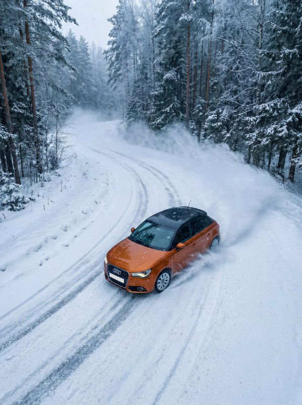 Вид сверху на оранжевую машину на скользкой заснеженной дороге, динамичный ракурс, резкие текстуры снега и чёткие следы шин.