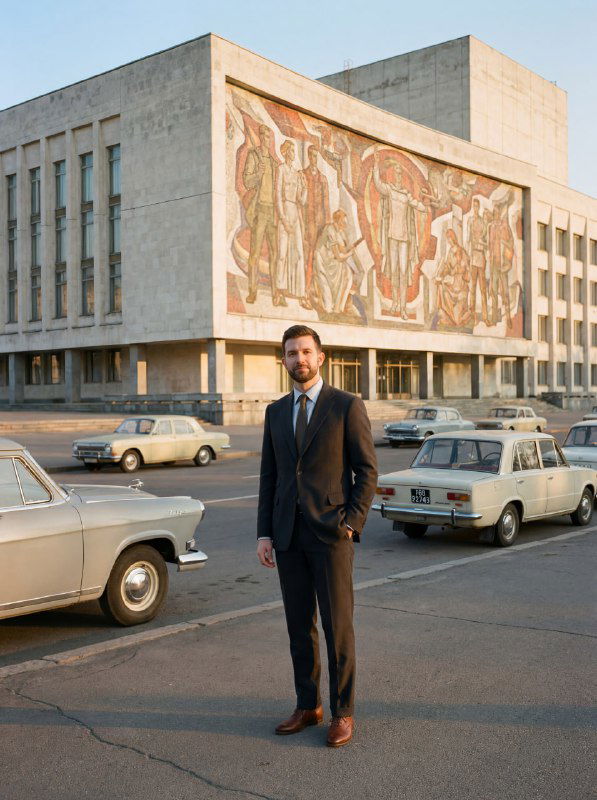 Мужской портрет в сцене 60–70-х: мужчина в костюме на фоне большого советского здания с панно и рядами ретро-автомобилей при тёплом свете.
