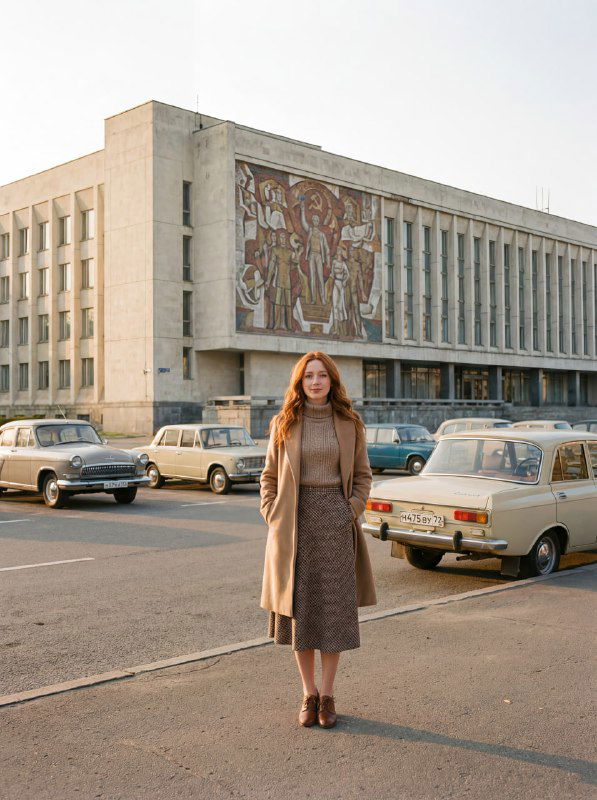 Женский портрет в эстетике СССР: платье и пальто, на фоне светлого бетонного здания с мозаикой и расставленными советскими автомобилями, плёночная текстура.