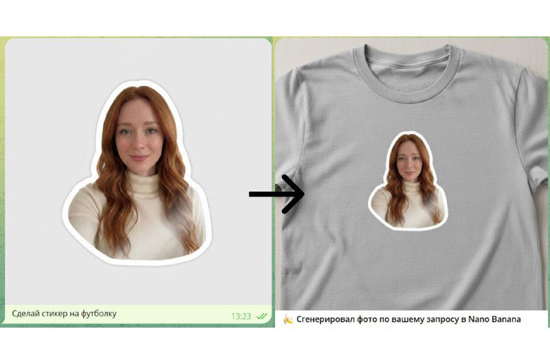 Пример создания стикера в Nano Banana: портрет женщины аккуратно вырезан, фоновая область удалена, изображение готово к печати на футболке.