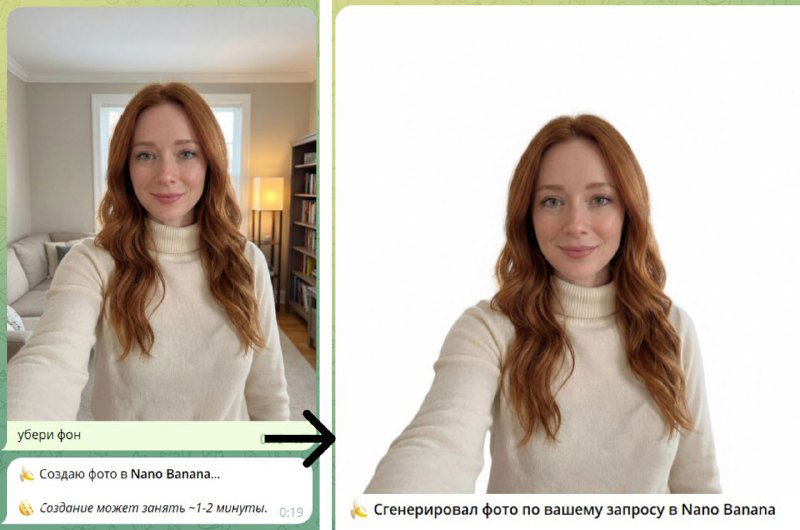 Финальное сравнение «до и после»: исходное фото и результат с удалённым фоном, сохранённой текстурой кожи и естественной детализацией.