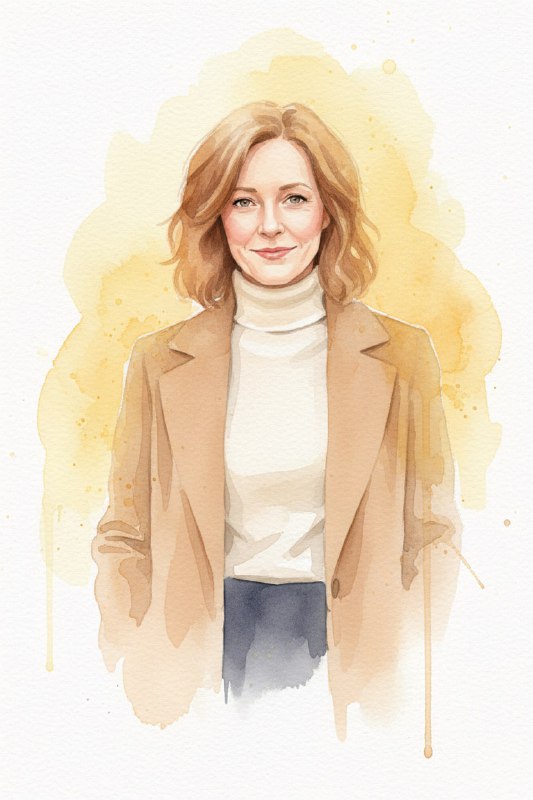 Акварельная иллюстрация женщины в полный рост по груди: приглушённые тона, ореол жёлто-терракотовых облаков и видимые потёки краски.