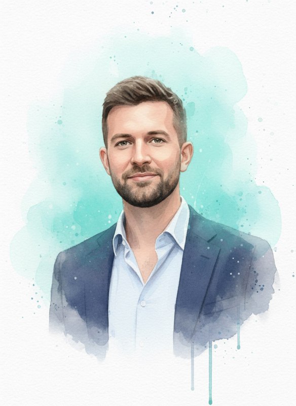 Акварельный мужской портрет по плечи: чистые цветовые пятна бирюзово-голубого фона, мягкие края и текстура акварельной бумаги видна.