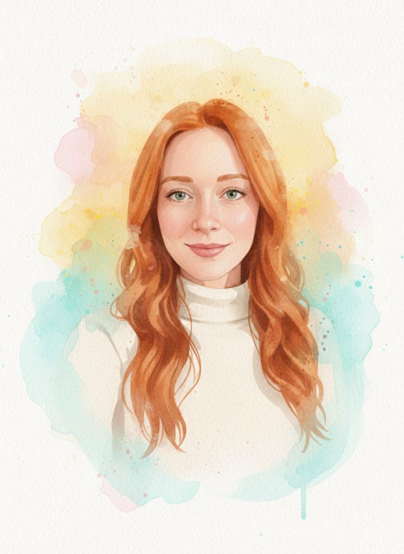 Нежный акварельный портрет женщины по плечи: светлые тона, лёгкие брызги и ореол из пастельных цветовых облаков вокруг лица.