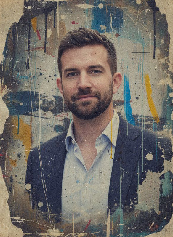 Фотореалистичный портрет мужчины в пиджаке, лицо в центре, mixed-media обработка с облупленной краской, подтёками, трещинами и коллажными полупрозрачными слоями.