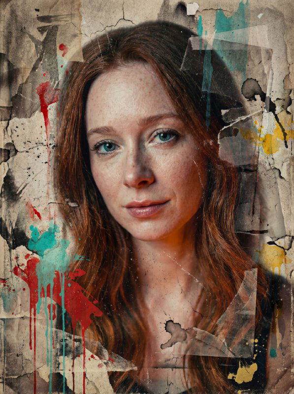 Крупный план женского лица, сохранены черты и тон кожи, наложены гранж-слои: пыль, брызги краски, рваные края и эффект старой бумаги по периметру кадра.