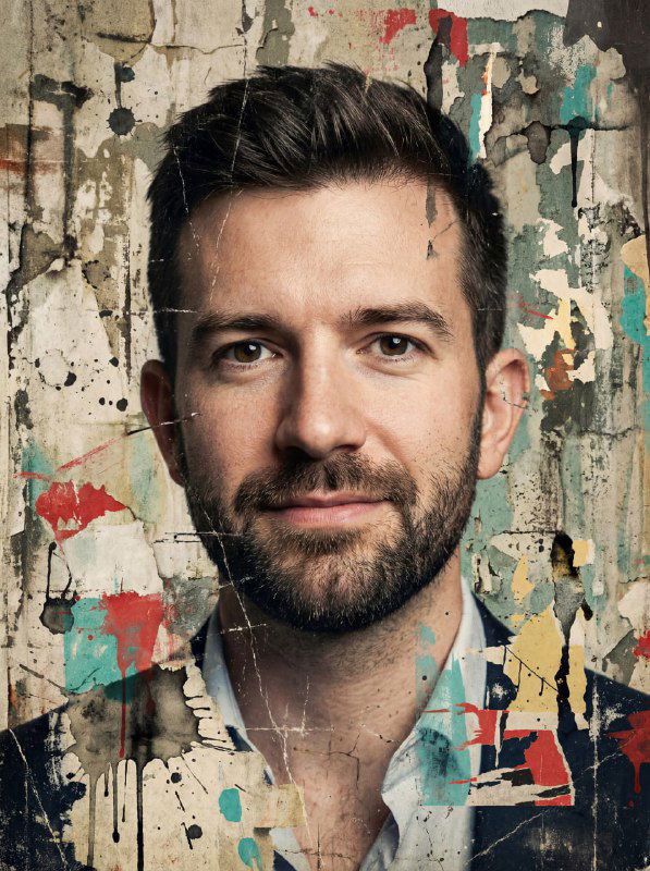 Портрет мужчины крупным планом с чёткими глазами, фон — гранжевый коллаж с пятнами краски, царапинами и текстурой постера на стене, винтажный тон.