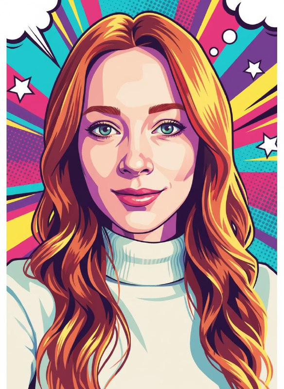Поп-арт женский портрет в вертикальном формате: узнаваемые черты лица, насыщенные цветовые блоки, halftone точки и динамичные графические элементы вокруг.