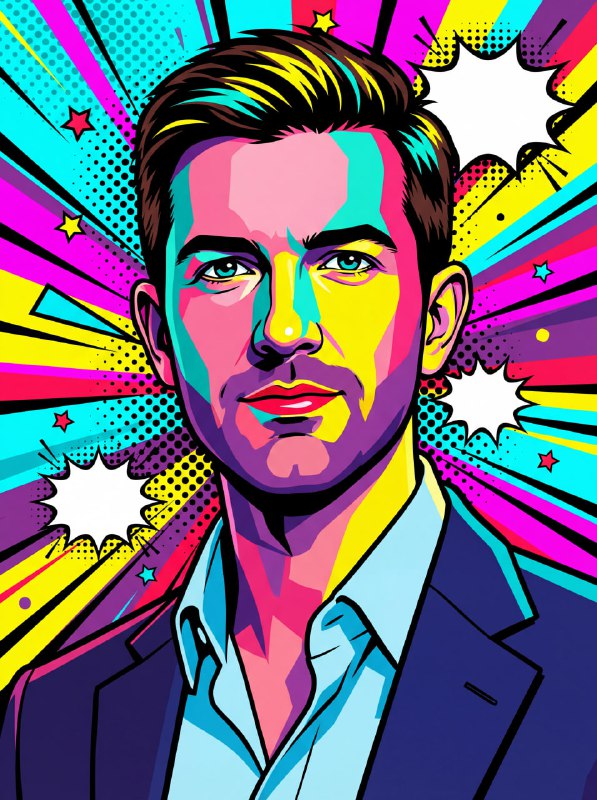 Поп-арт портрет мужчины: контрастная CMYK/неон палитра, графичные блики в волосах, чёткие линии и комикс-взрыв с точками вокруг головы.