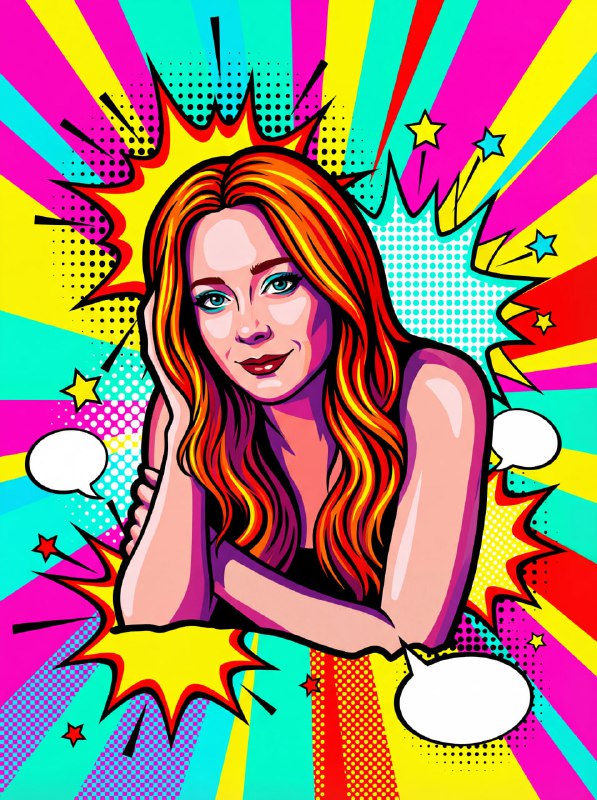 Поп-арт портрет женщины с комикс-облаками и пустыми пузырями: яркие диагональные блоки, чистая графичная стилизация без текстов и логотипов.
