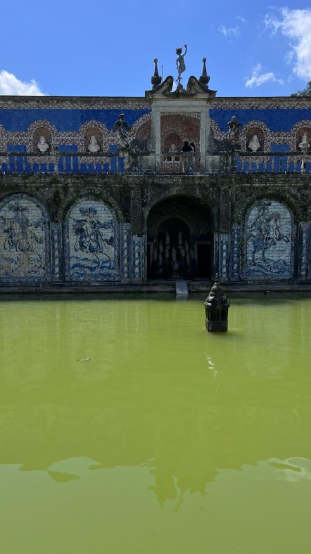 Вид на фасад дворца и отражение в воде, композиция с центральным входом и декоративными элементами, общий кадр для контекста.