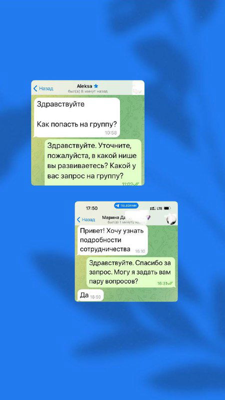 Скриншоты переписки на фоне синего градиента: вопросы о формате группы, подходах и готовности оплачивать участие в сопровождении.