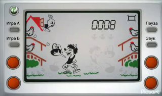 Ретро‑стилизованный экран портативной игры с мультяшным волком и зайцем, виден счётчик 0008 и управляющие кнопки по бокам устройства.