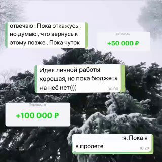 Скриншоты переписки и графические метки сумм (+50 000 ₽, +100 000 ₽) на фоне заснеженных ветвей; видно сообщения о бюджете и статусах заявок.