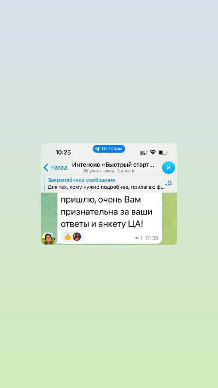 Вертикальный скриншот чата Telegram с отзывом участника и фразой о предобучении; видно благодарность и подтверждение прохождения анкеты ЦА.