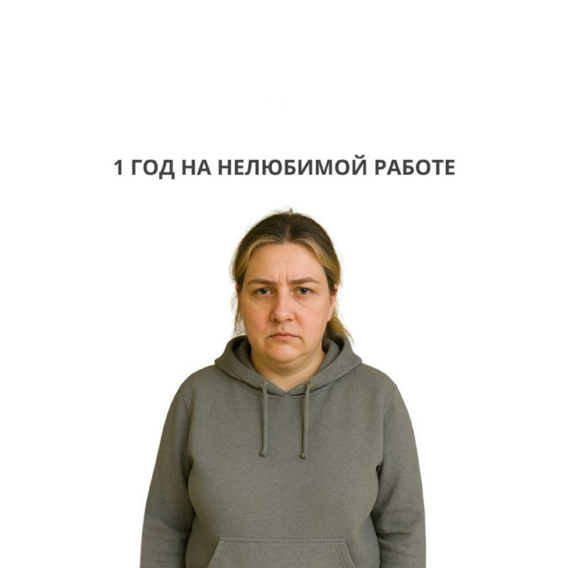 Женщина с подписью «1 ГОД НА НЕЛЮБИМОЙ РАБОТЕ»; выражение лица становится более замкнутым и усталым, видимая потеря позитива.