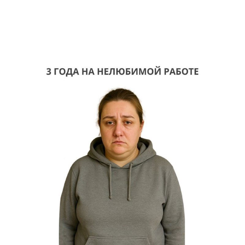 Женщина на белом фоне с подписью «3 ГОДА НА НЕЛЮБИМОЙ РАБОТЕ»; лицо выглядит обессиленным, выражение — раздражение и усталость.