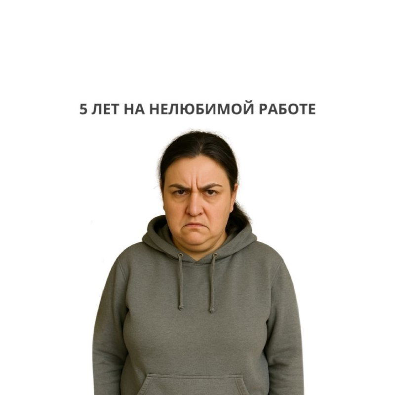 Женщина с подписью «5 ЛЕТ НА НЕЛЮБИМОЙ РАБОТЕ»; мрачное, сердитое выражение лица, заметное ухудшение самочувствия и настроения.
