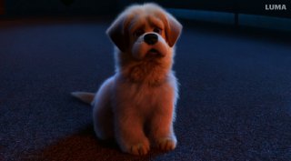 Пушистый щенок в стиле Pixar, с эмоциональным выражением глаз; кадр демонстрирует пример генерации персонажа и проблемы с синхронизацией губ при движении.