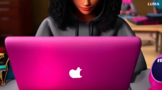 Персонаж за розовым ноутбуком с логотипом, сценический кадр с мультяшной эстетикой, демонстрирует стилизацию и детализацию лиц в Luma.