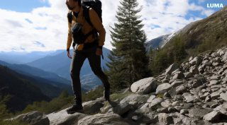 Человек в походной экипировке идёт по горной тропе; кадр демонстрирует более реалистичную генерацию пейзажей и движения в Luma по сравнению с другими моделями.