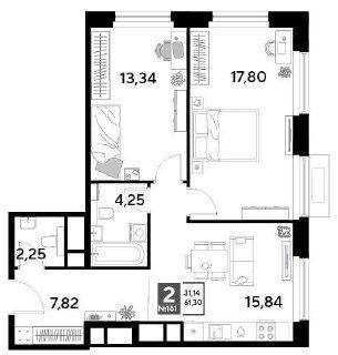 Планировка евро-двушки 61 кв. м: схема комнат с указанием площадей, коридора, санузла и кухни-гостиной, подходящая для оценки перепланировки.