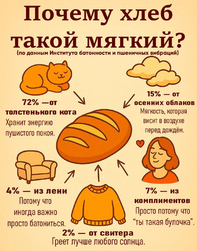 Инфографика «Почему хлеб такой мягкий?» с процентами и иллюстрациями кота, свитера и хлеба — образовательный пост о свойствах хлеба и его текстуре.