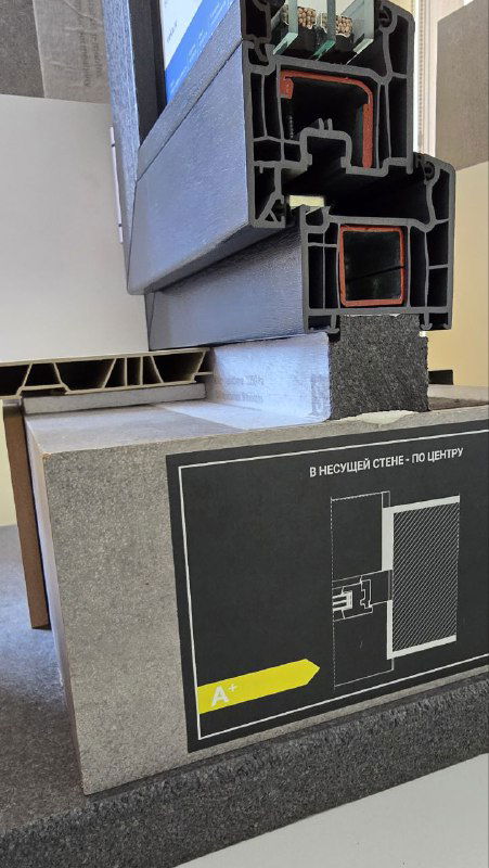 Сечение монтажного узла у основания на крупном плане: тёплый подставочный профиль, утеплитель и место примыкания подоконника, демонстрация на стенде.