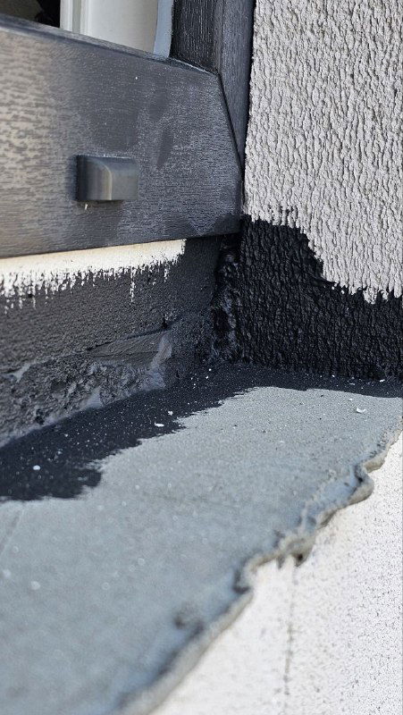 Детальный ракурс черной мастики у основания рамы и на откосе с видимыми слоями защитного покрытия и торцом пены для оценки сцепления.
