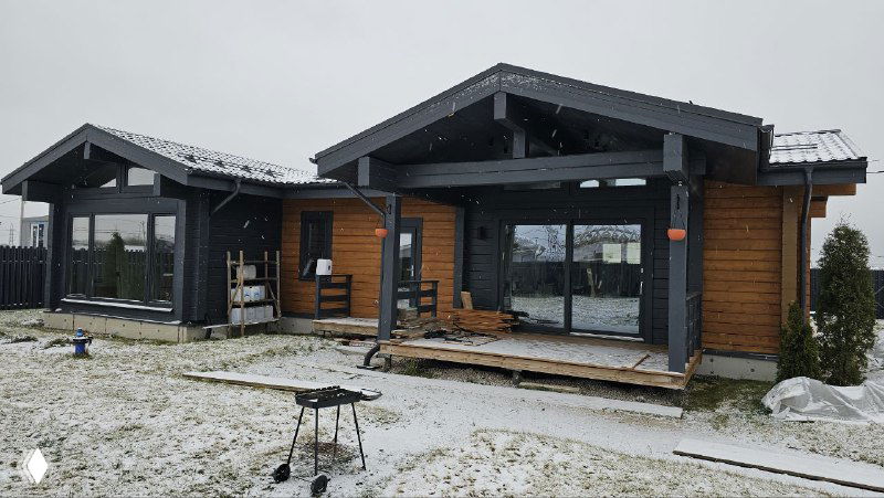 Деревянный дом зимой с тёмными стеклопакетами и раздвижной дверью в центре кадра; общий вид участка и фасада под снегом.