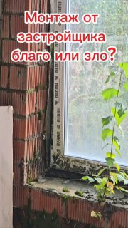 Фото окна в недоделанной стене: пластиковый профиль с плесенью на откосе, незаштукатуренный кирпич и трава у подоконника