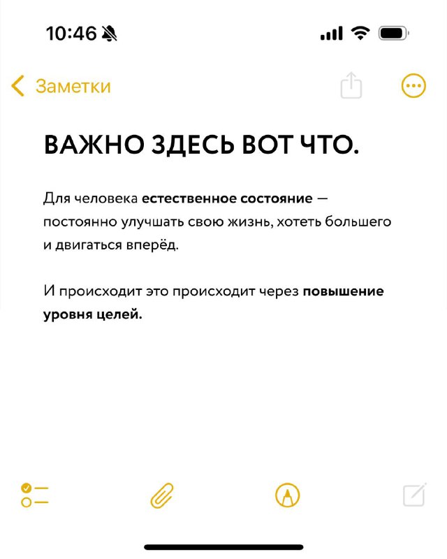 Скриншот с заголовком «ВАЖНО ЗДЕСЬ ВОТ ЧТО» и кратким объяснением о необходимости повышать уровень целей, а не усилий.