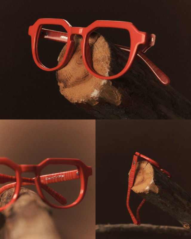 Коллаж красной геометрической оправы на фоне коричневой текстуры и деревянной ветви — акцент на форме и цвете линейки.