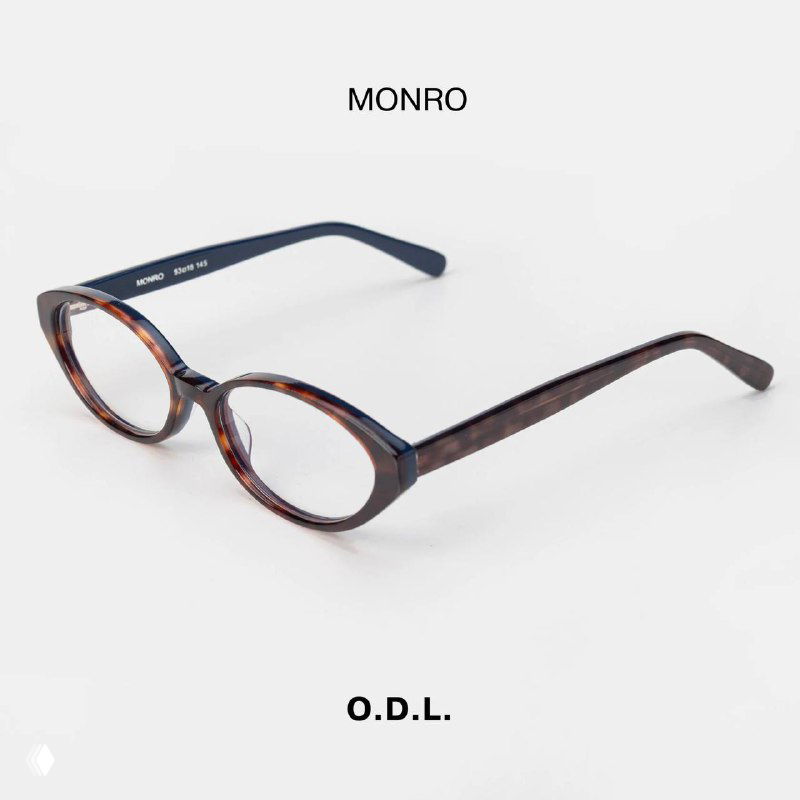 Оправa MONRO от O.D.L. на белом фоне: овальная форма в тёмно-синей и коричневой палитре, демонстрация посадки и формы.