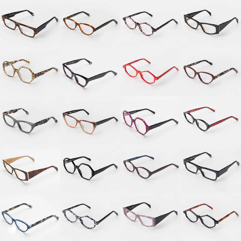 Коллаж из множества моделей O.D.L. — ассортимент оправ разных форм и цветов на белом фоне, демонстрация обновлённых оттенков коллекции.