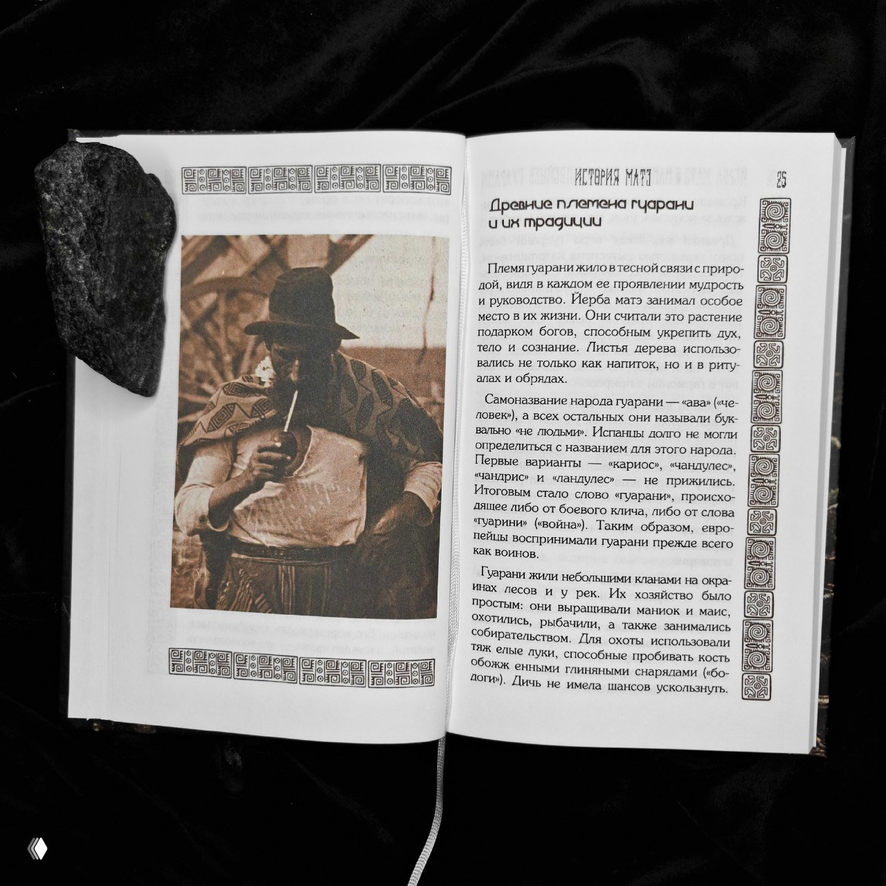 Задняя обложка книги с тёмной фотографией человека в лесной среде, логотип издательства Charabooks и декоративные камни вокруг книги на чёрном фоне.